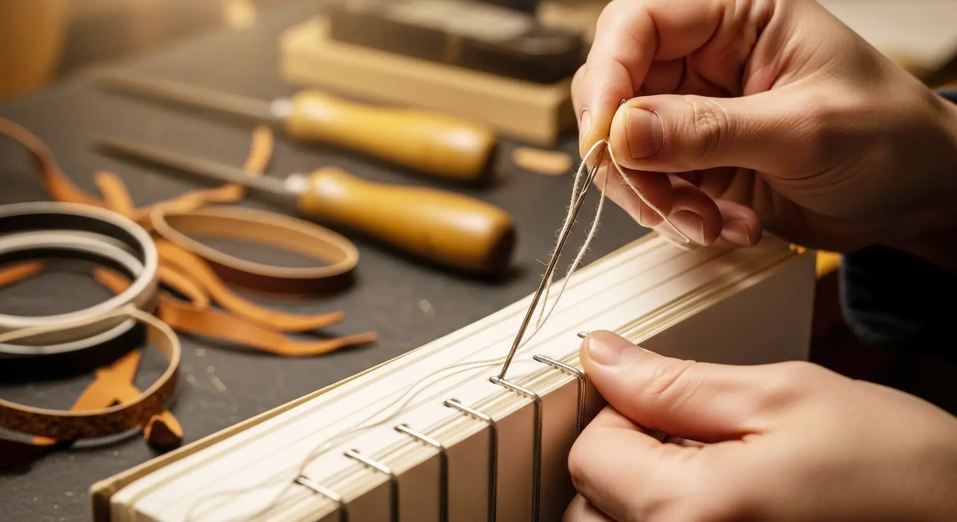 Feinarbeit beim Buchbinden: Hände nähen den Buchblock von Hand mit Faden und Nadel zusammen.