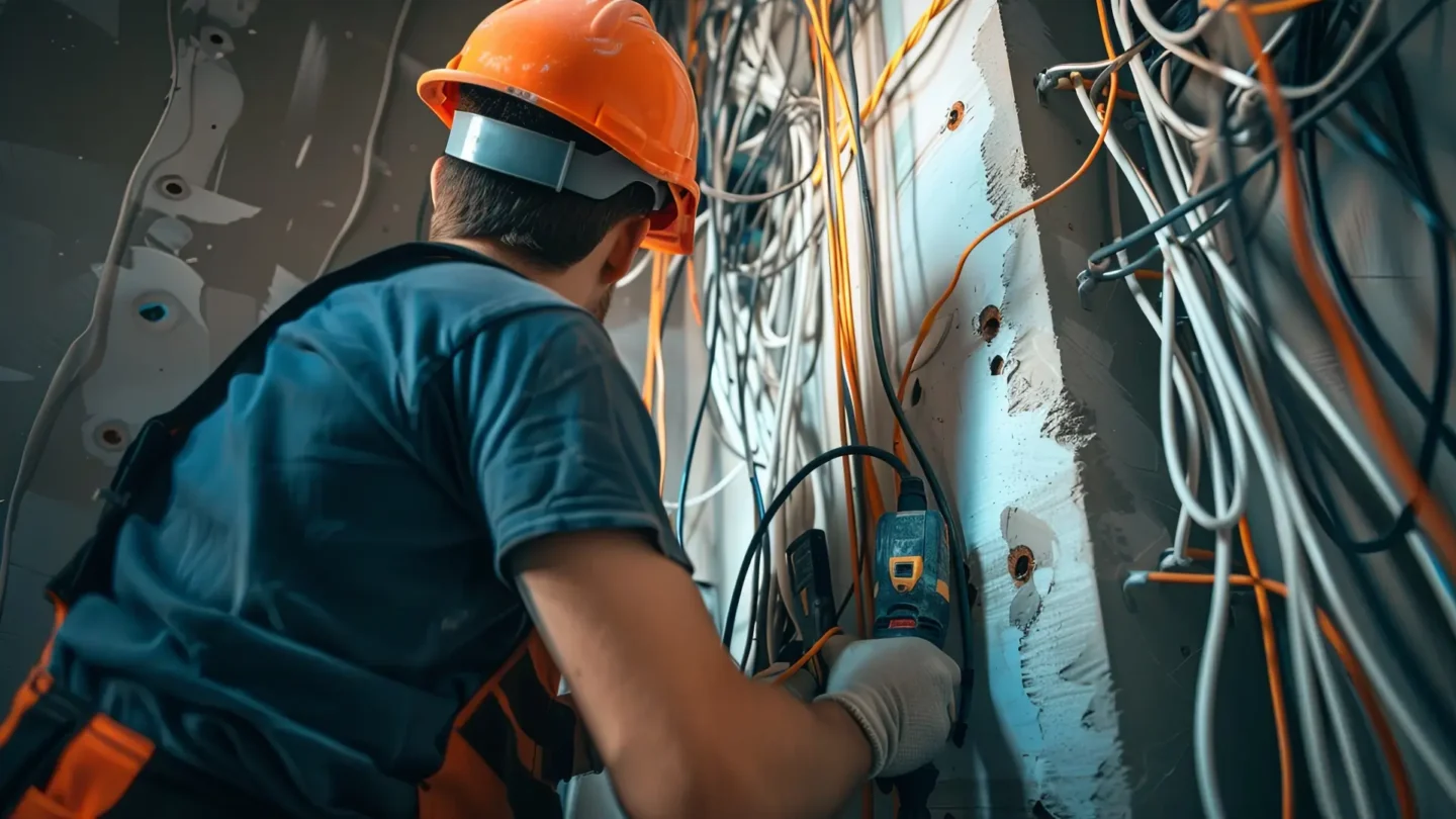 Elektriker in orangefarbenem Helm bohrt in eine Wand, umgeben von vielen Kabeln und Leitungen für die Elektroinstallation.