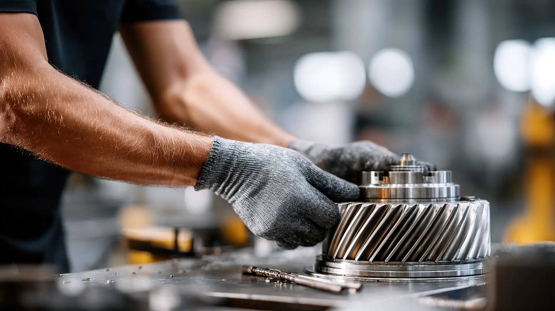 Feinmechaniker prüft oder montiert ein präzise gefertigtes, metallisches Zahnrad in einer Montagehalle.