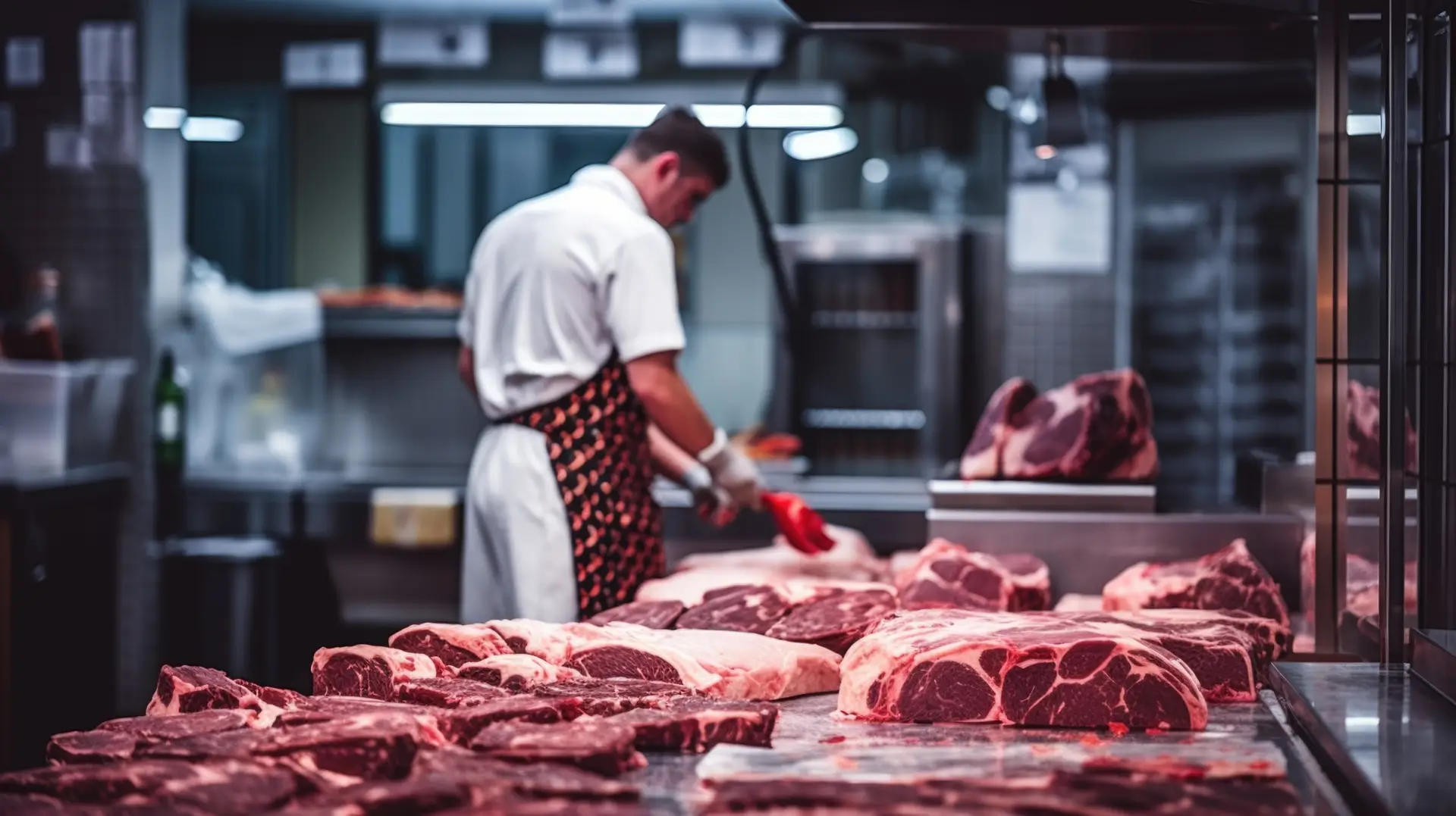 Frisches Fleisch liegt auf einer Theke, während ein Fleischer im Hintergrund weitere Stücke verarbeitet.