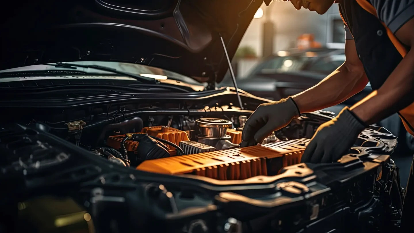 Kfz-Mechatroniker arbeitet an einem offenen Motor in einer dunklen Werkstatt.