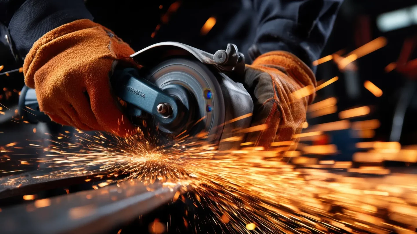 Metallbauer in orangefarbenen Handschuhen schleift Metall mit einem Winkelschleifer, es entstehen helle Funken.
