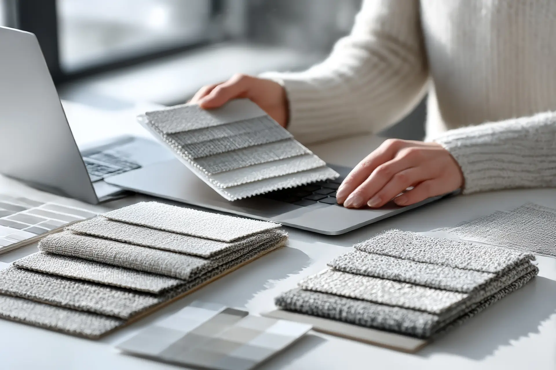 Raumausstatterin wählt graue und weiße Stoffmuster auf dem Schreibtisch, während sie am Laptop arbeitet.