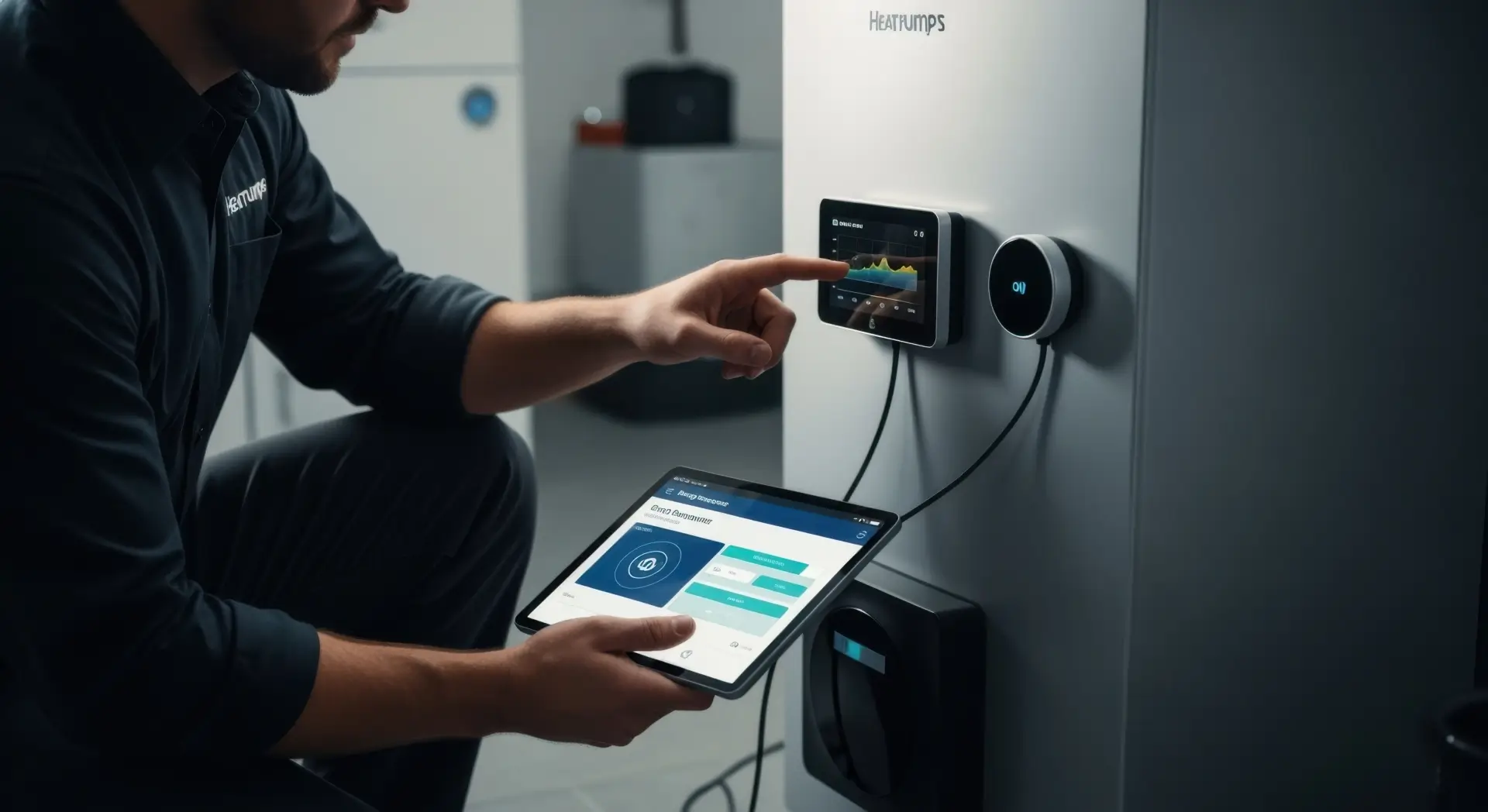 SHK-Techniker bedient das digitale Touch-Display einer modernen Wärmepumpe und hält ein Tablet zur Diagnose.