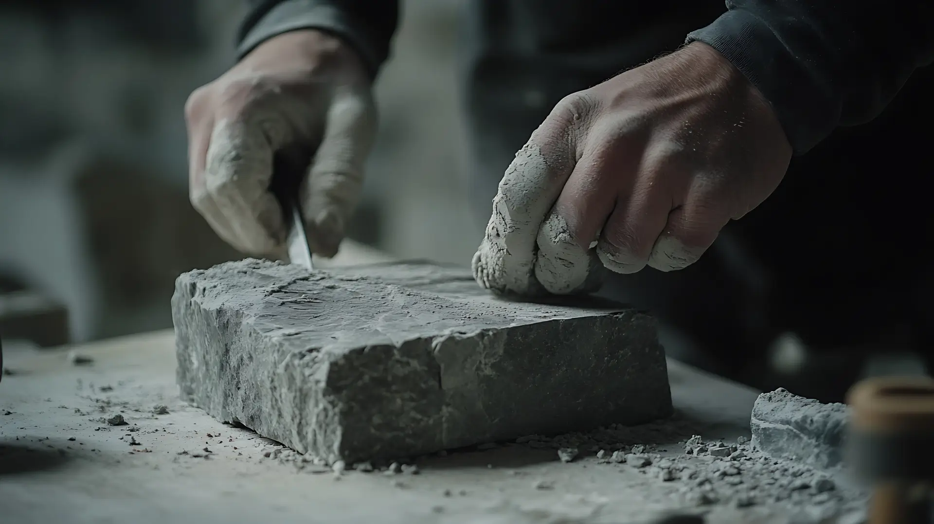 Die bemehlten Hände eines Steinmetzen meißeln oder bearbeiten einen groben, grauen Steinblock