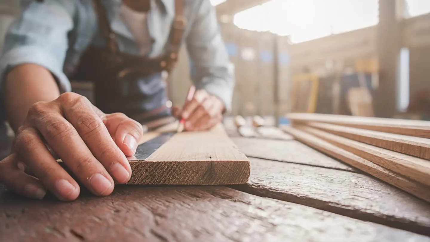 Tischler markiert mit Bleistift und Winkelmaß eine Holzleiste auf einer Werkbank.