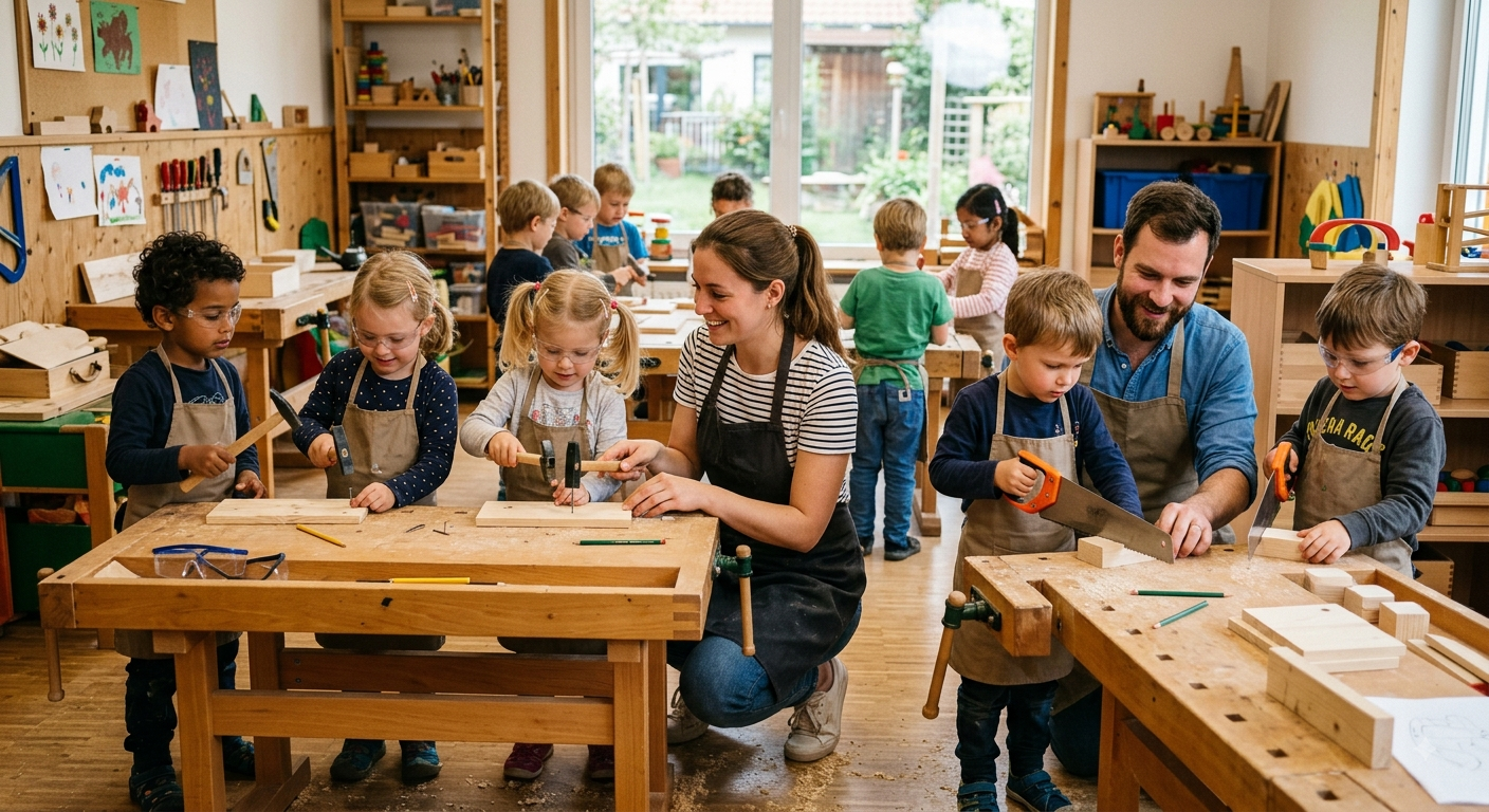 Eine Kindergartengruppe werkelt unter Aufsicht Ihrer Betreuung