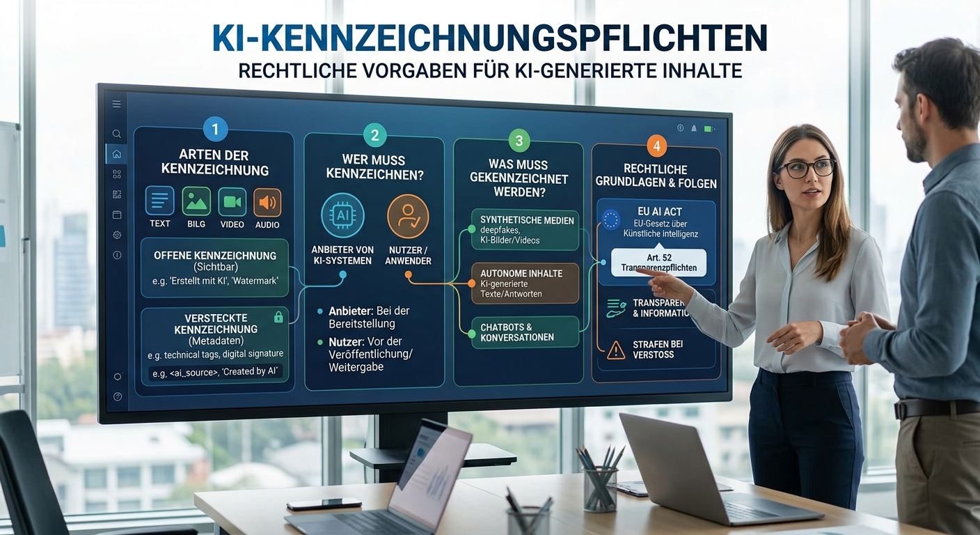 Zwei Menschen beraten vor einem Bildschirm über die neuen Ki-Kennzeichnungspflichten
