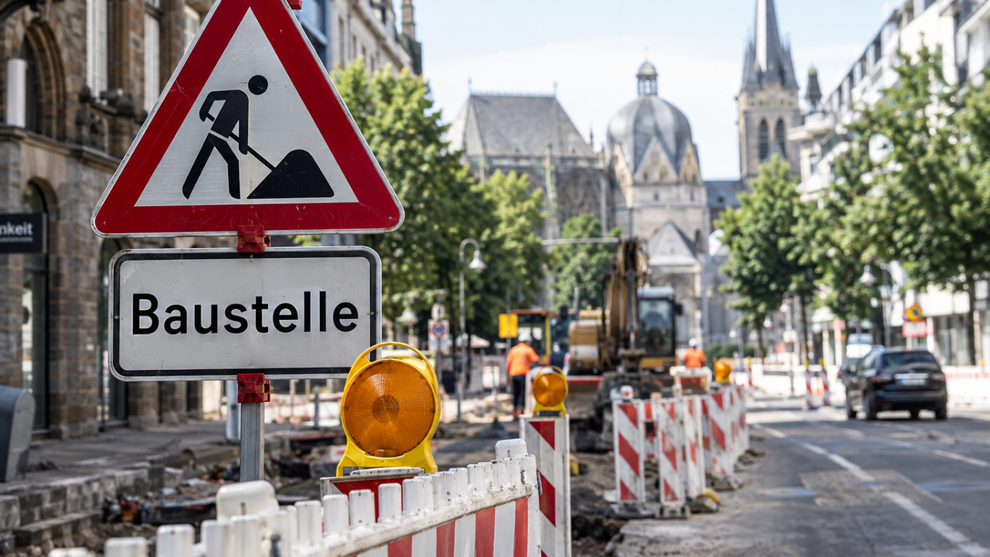 Ein Baustellenschild und im Hintergrund sieht man die Silouette des Aachener Doms