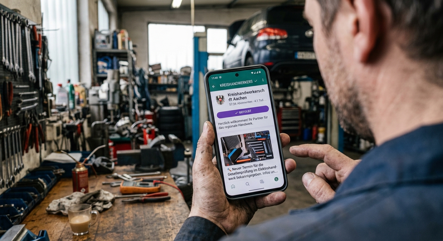 Ein Mechaniker folgt dem Whatapp-Kanal der KHA