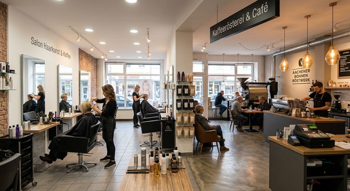 Friseurbetrieb und Rösterei teilen sich eine Betriebsfläche. Blick in den Salon.