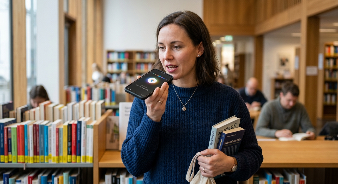 Frau nutzt Sprachsuche in der Bibliothek
